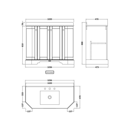 Hudson Reed Old London 1000mm Grey Angled Basin Unit with 3TH Grey Marble Top Technical Drawing