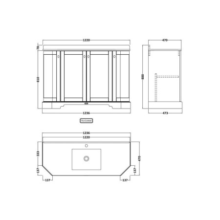 Hudson Reed Old London 1200mm Grey Angled Basin Unit with 1TH White Marble Top Line Drawing