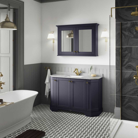 Hudson Reed Old London 1200mm Twilight Blue Angled Unit with 1TH Grey Marble Top Room Setting