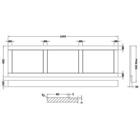 LOP805 Hudson Reed Old London 1700mm Front Bath Panel Hunter Green Line Drawing