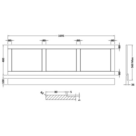 LOP205 Hudson Reed Old London 1700mm Front Bath Panel Storm Grey Line Drawing