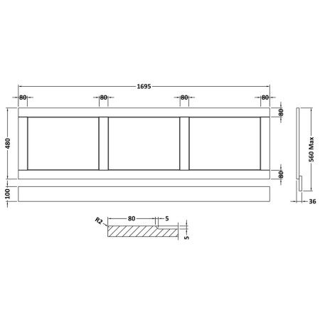 LOP305 Hudson Reed Old London 1700mm Front Bath Panel Twilight Blue Line Drawing