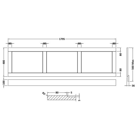 LOP207 Hudson Reed Old London 1800mm Front Bath Panel Storm Grey Line Drawing