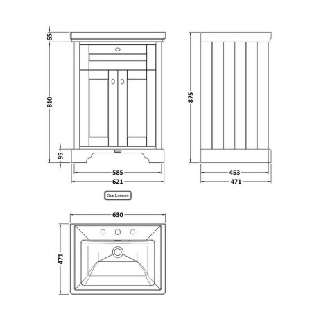 LOF834 Hudson Reed Old London 3TH 600mm Hunter Green Vanity Unit and Fireclay Basin (2)