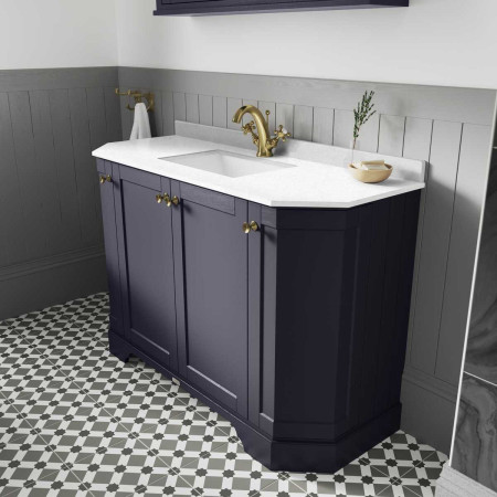 Hudson Reed Old London 1000mm Angled Unit with White Marble Top and 1TH Basin in Twilight Blue with Brushed Brass Basin Mixer