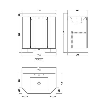 Hudson Reed Old London 750mm Grey Angled Basin Unit with 3TH Black Marble Top Technical Drawing