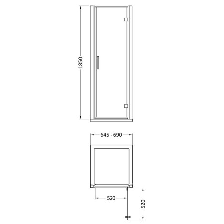 AQHD70 Hudson Reed Pacific 700mm Hinged Shower Door Line Drawing