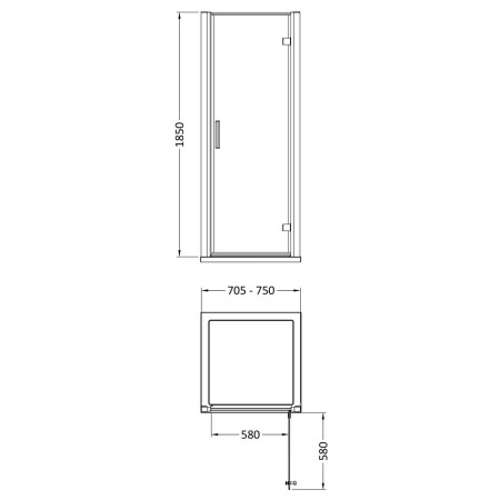 AQHD76 Hudson Reed Pacific 760mm Hinged Shower Door Line Drawing