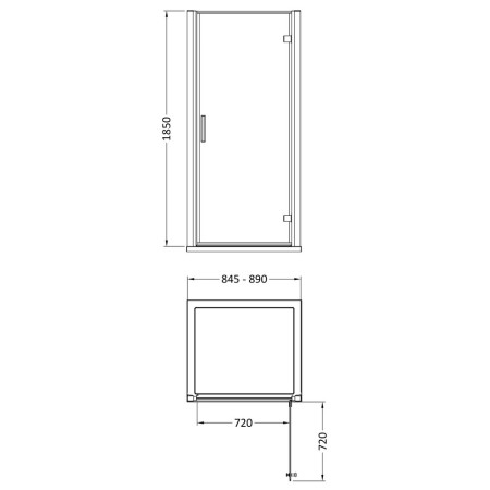 AQHD90 Hudson Reed Pacific 900mm Hinged Shower Door Line Drawing