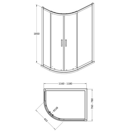 AQU128 Hudson Reed Pacific Offset Quadrant 1200 x 800mm Shower Enclosure Line Drawing