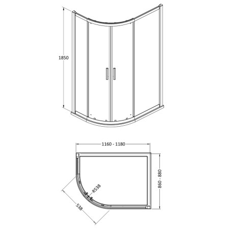 AQU129 Hudson Reed Pacific Offset Quadrant 1200 x 900mm Shower Enclosure Line Drawing