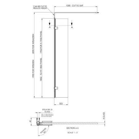 WRSA030H Hudson Reed Polished Chrome 300mm Wetroom Hinged Return Screen Line Drawing
