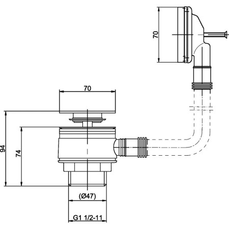 EK308 Hudson Reed Push Button Square Slotted Sprung Plug Bath Waste Line Drawing