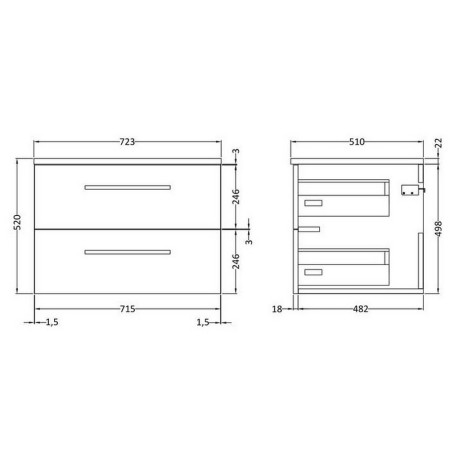 QUA014 Hudson Reed Quartet 720mm Cabinet and Basin Gloss Grey Mist Line Drawing