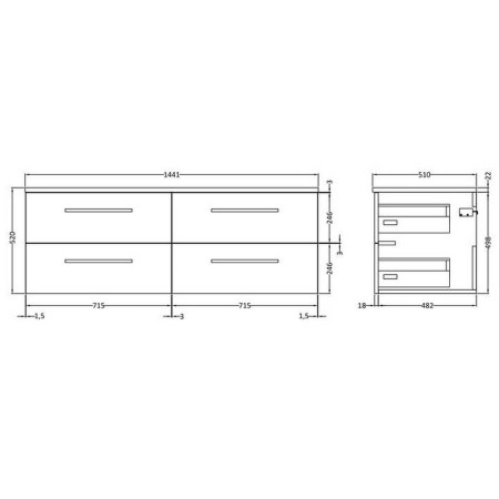 QUA004 Hudson Reed Quartet Wall Hung 1440mm Double Cabinet & Basin in Natural Oak Line Drawing