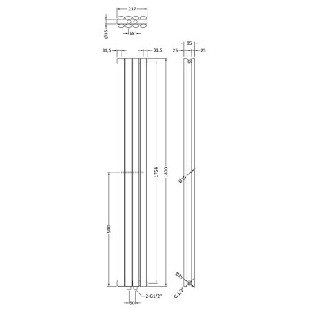 HRE009 Hudson Reed Revive Compact Anthracite 1800 x 237mm Double Panel Line Drawing
