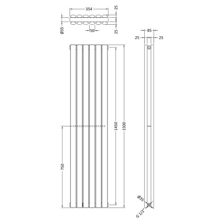 HLA76 Hudson Reed Revive Double Panel Designer Radiator 1500 x 355mm Anthracite Line Drawing
