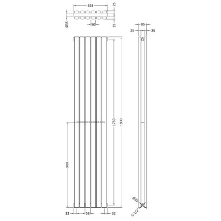HL326 Hudson Reed Revive Double Panel Vertical Radiator 1800 x 354mm White Line Drawing