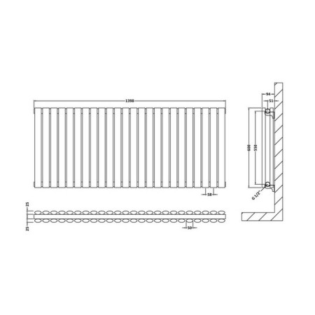 HLA40D Hudson Reed Revive Horizontal Anthracite 600 x 1398mm Double Panel Radiator Line Drawing
