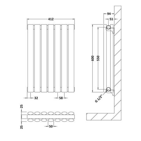 HLA37D Hudson Reed Revive Horizontal Anthracite 600 x 412mm Double Panel Radiator Line Drawing
