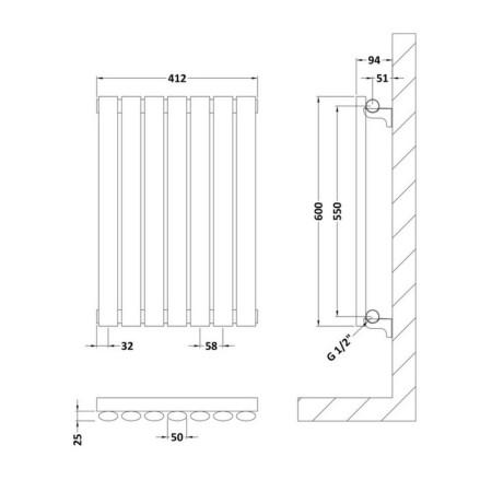 HLA37 Hudson Reed Revive Horizontal Anthracite 600 x 412mm Single Panel Radiator Line Drawing
