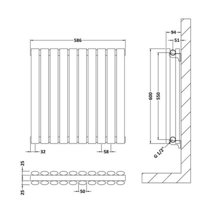 HLA38D Hudson Reed Revive Horizontal Anthracite 600 x 586mm Double Panel Radiator Line Drawing