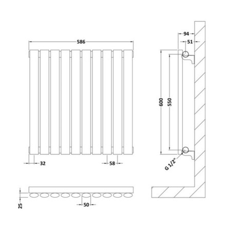 HLA38 Hudson Reed Revive Horizontal Anthracite 600 x 586mm Single Panel Radiator Line Drawing