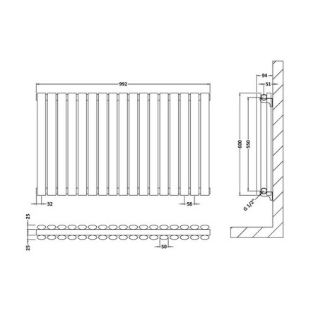 HLA39D Hudson Reed Revive Horizontal Anthracite 600 x 992mm Double Panel Radiator Line Drawing