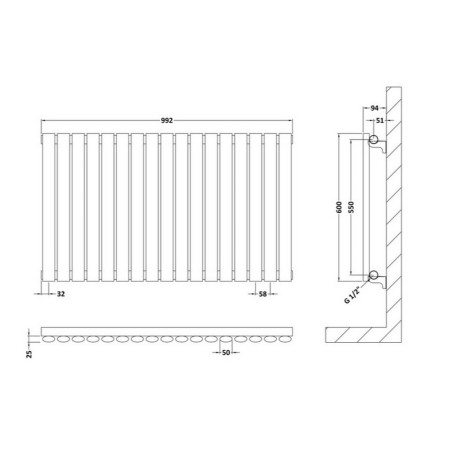 HLA39 Hudson Reed Revive Horizontal Anthracite 600 x 992mm Single Panel Radiator Line Drawing