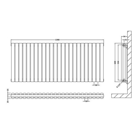 HL340D Hudson Reed Revive Horizontal White 600 x 1398mm Double Panel Radiator Line Drawing