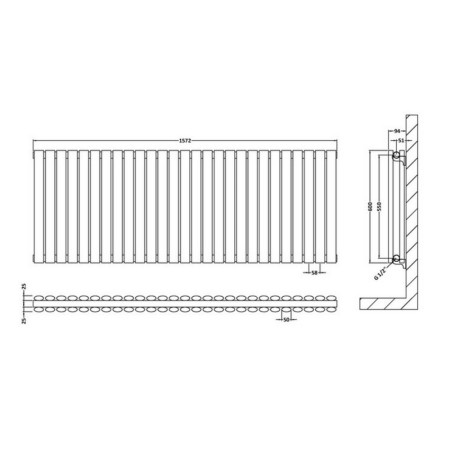 HL342D Hudson Reed Revive Horizontal White 600 x 1572mm Double Panel Radiator Line Drawing