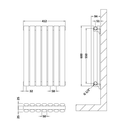 HL337D Hudson Reed Revive Horizontal White 600 x 412mm Double Panel Radiator Line Drawing