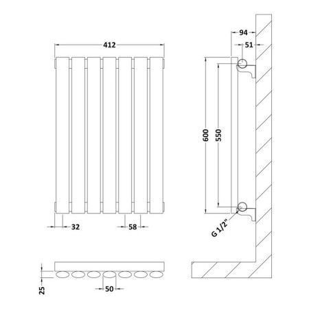 HL337 Hudson Reed Revive Horizontal White 600 x 412mm Single Panel Radiator Line Drawing