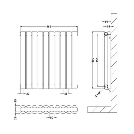 HL338D Hudson Reed Revive Horizontal White 600 x 586mm Double Panel Radiator Line Drawing