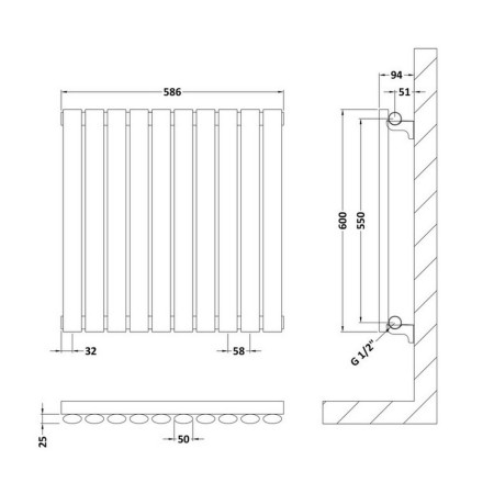 HL338 Hudson Reed Revive Horizontal White 600 x 586mm Single Panel Radiator Line Drawing