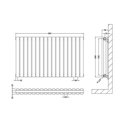 HL339D Hudson Reed Revive Horizontal White 600 x 992mm Double Panel Radiator Line Drawing