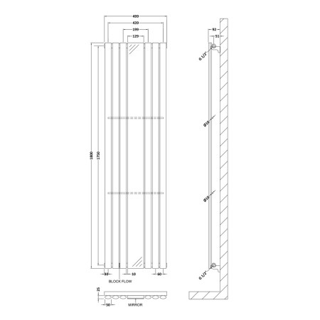HLA78 Hudson Reed Revive Radiator Single Panel With Mirror 1800 x 500mm Line Drawing