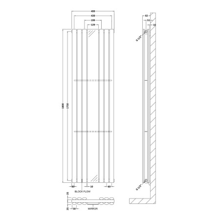 HLA79 Hudson Reed Revive With Mirror Double Panel Designer Radiator 1800 x 500mm Line Drawing