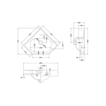 NCS809 Hudson Reed Richmond 420mm Corner Basin Line Drawing