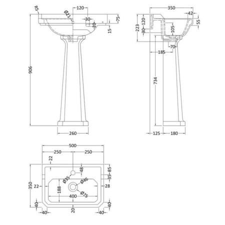 CCR032 Hudson Reed Richmond 500mm Comfort Height 1TH Basin & Pedestal Line Drawing