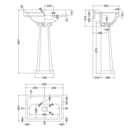 CCR015 Hudson Reed Richmond 500mm Standard Height 1TH Basin & Pedestal (2)
