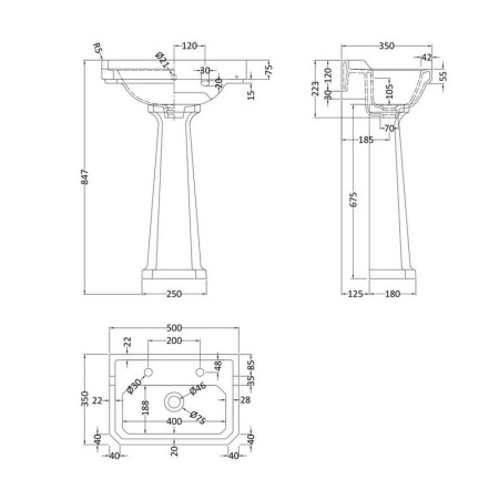 CCR018 Hudson Reed Richmond 500mm Standard Height 2TH Basin & Pedestal (2)