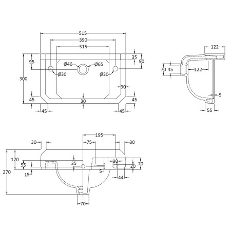 NCS829 Hudson Reed Richmond 515mm 2TH Cloakroom Basin Line Drawing