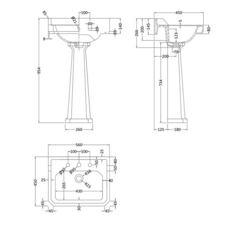 CCR028 Hudson Reed Richmond 560mm Comfort Height 3TH Basin & Pedestal (2)