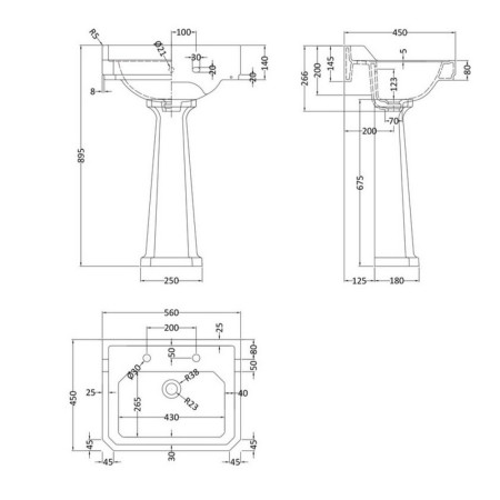 CCR019 Hudson Reed Richmond 560mm Standard Height 2TH Basin & Pedestal (2)