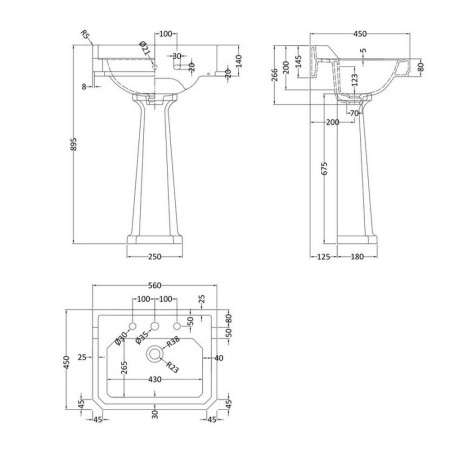 CCR021 Hudson Reed Richmond 560mm Standard Height 3TH Basin & Pedestal (2)