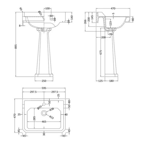 CCR017 Hudson Reed Richmond 600mm Standard Height 1TH Basin & Pedestal (2)