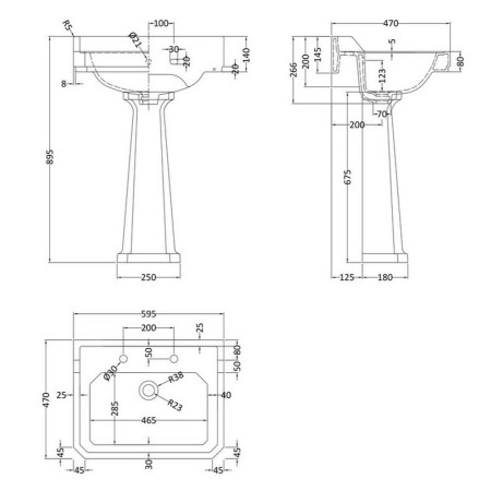 CCR020 Hudson Reed Richmond 600mm Standard Height 2TH Basin & Pedestal (2)