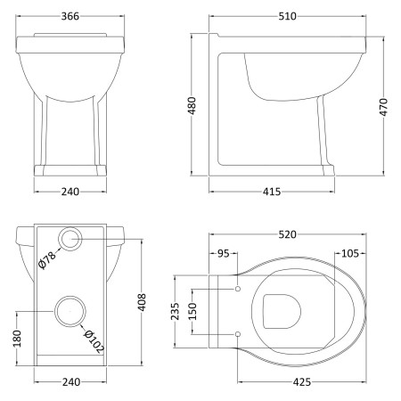 NCS856 Hudson Reed Richmond Comfort Height Back to Wall WC Pan Dimensions