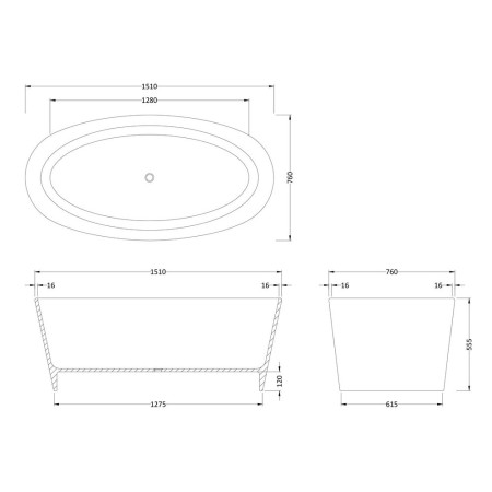 NBB002 Hudson Reed Rose Contemporary Oval Freestanding Bath Line Drawing